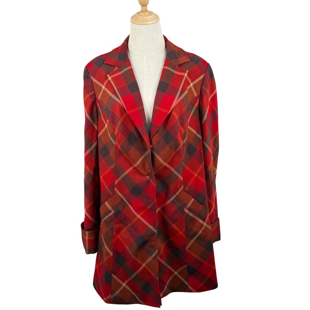 Lane Bryant 16 Longline Coat Blazer Holiday Tarten Plaid Snap Front Academia EUC